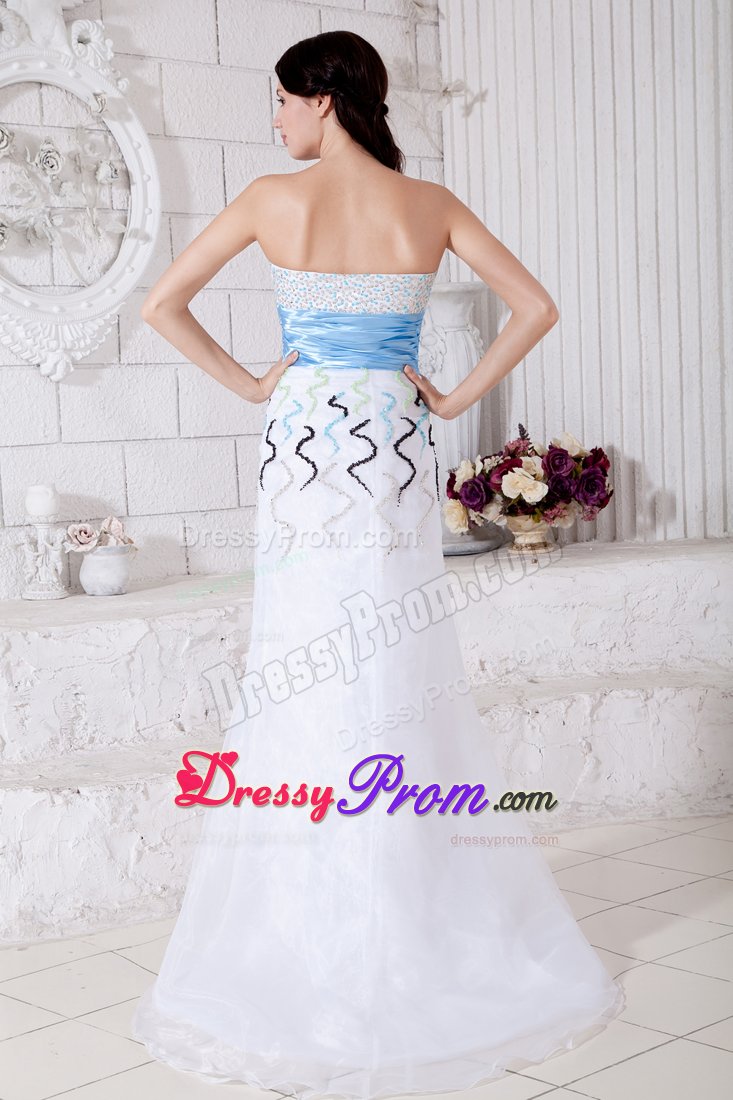 White Organza Brush Train Prom Pageant Dress with Beading and Belt