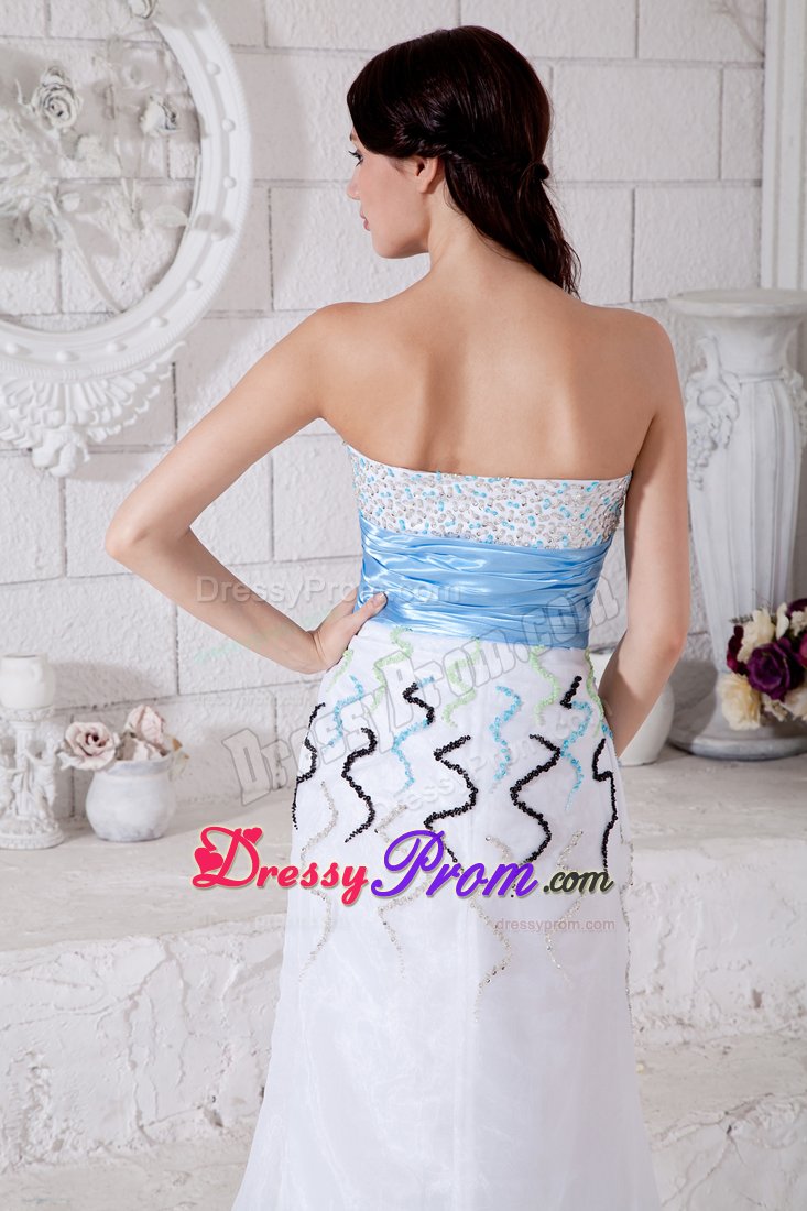 White Organza Brush Train Prom Pageant Dress with Beading and Belt