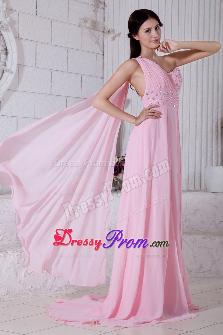 Watteau Train Ruche One Shoulder Prom Party Dress Beading High Slit 2013