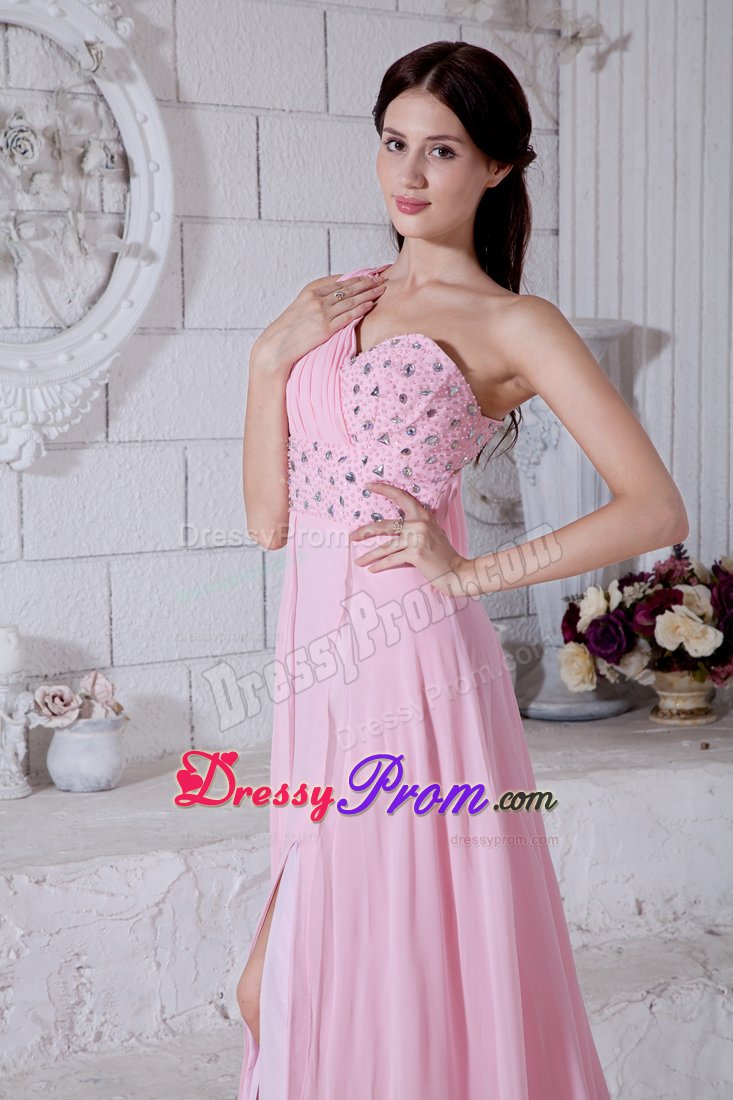 Watteau Train Ruche One Shoulder Prom Party Dress Beading High Slit 2013