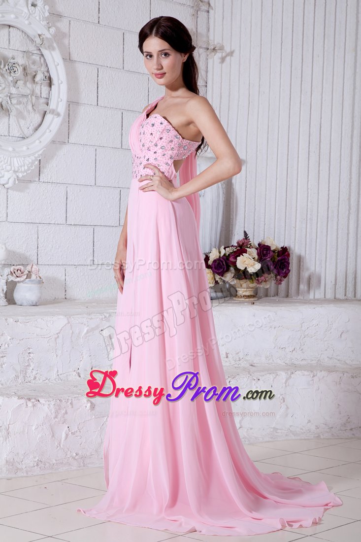 Watteau Train Ruche One Shoulder Prom Party Dress Beading High Slit 2013