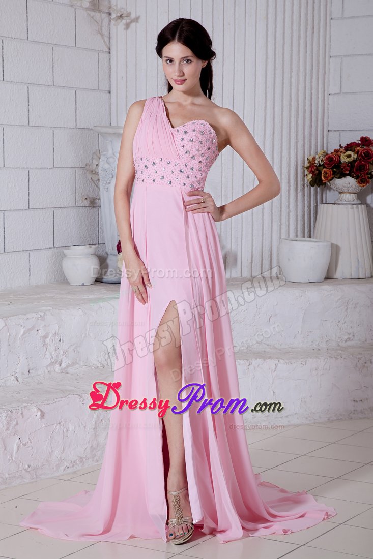 Watteau Train Ruche One Shoulder Prom Party Dress Beading High Slit 2013
