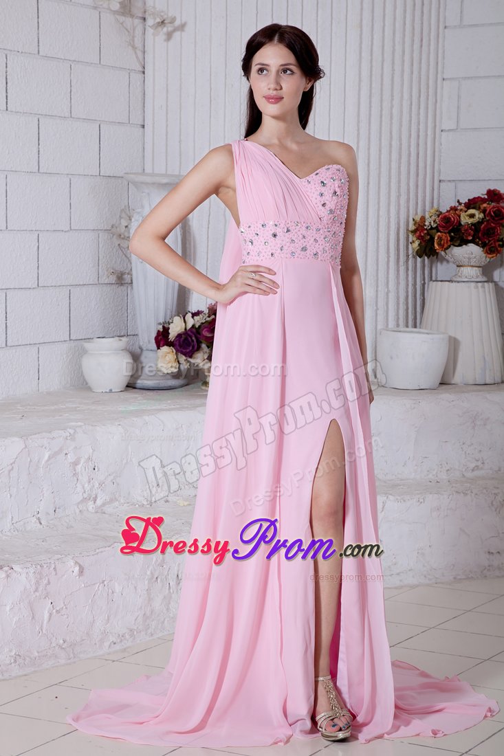 Watteau Train Ruche One Shoulder Prom Party Dress Beading High Slit 2013