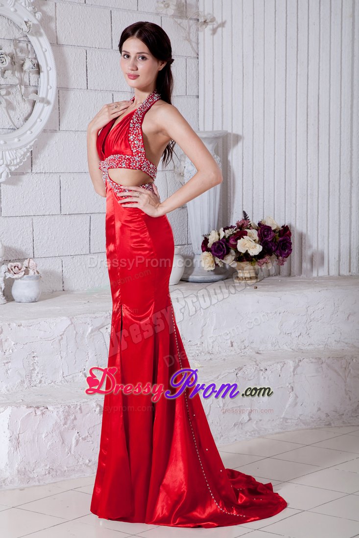 New Beaded Halter Top Prom Evening Dress Sweep Train with Cutout Waist