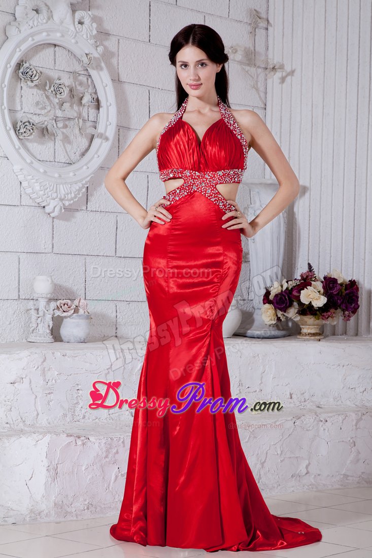 New Beaded Halter Top Prom Evening Dress Sweep Train with Cutout Waist