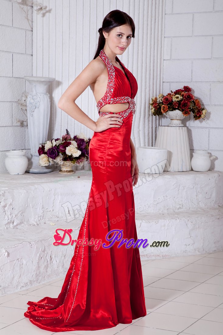 New Beaded Halter Top Prom Evening Dress Sweep Train with Cutout Waist