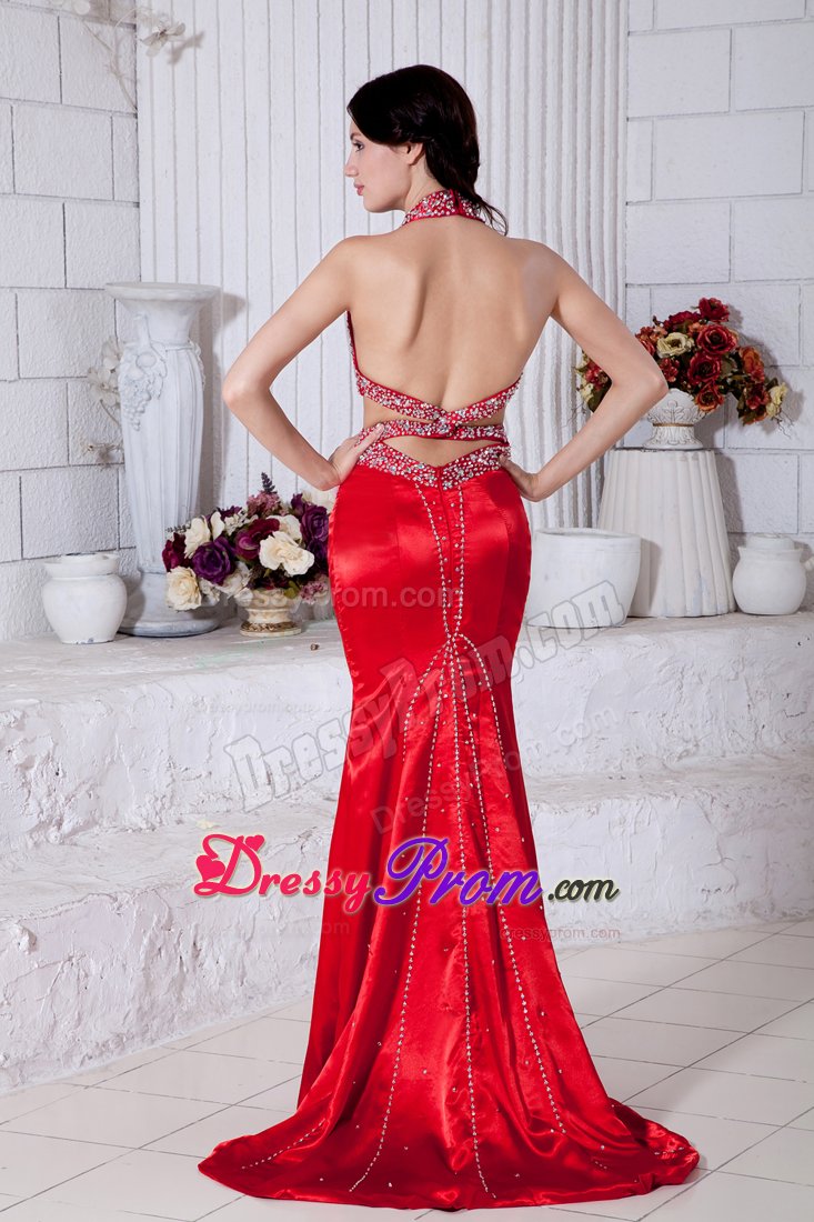 New Beaded Halter Top Prom Evening Dress Sweep Train with Cutout Waist