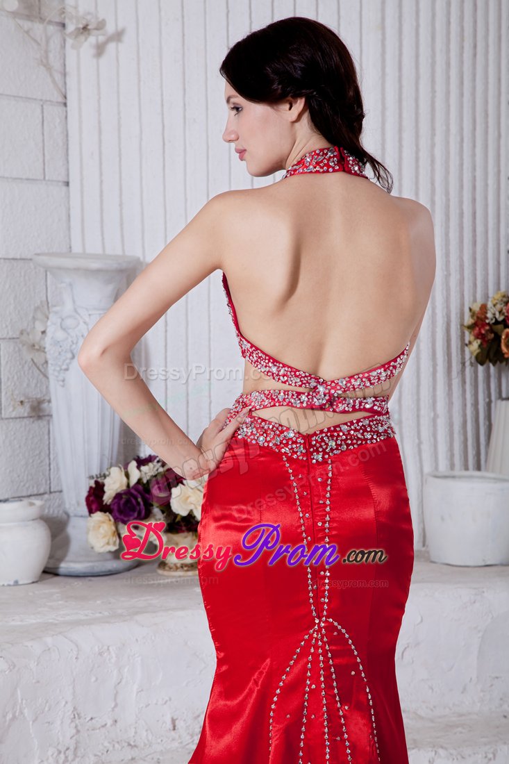 New Beaded Halter Top Prom Evening Dress Sweep Train with Cutout Waist