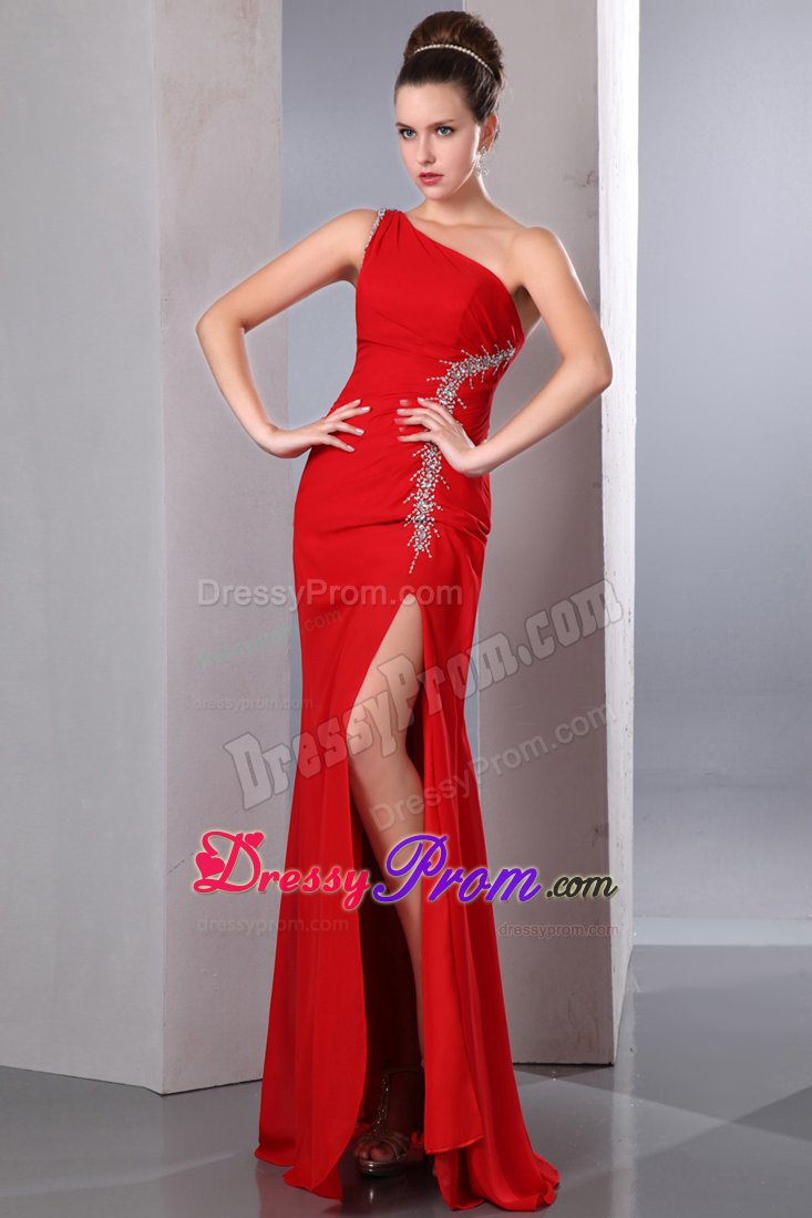 Beading Ruching One Shoulder High Slit Red Prom Pageant Dresses