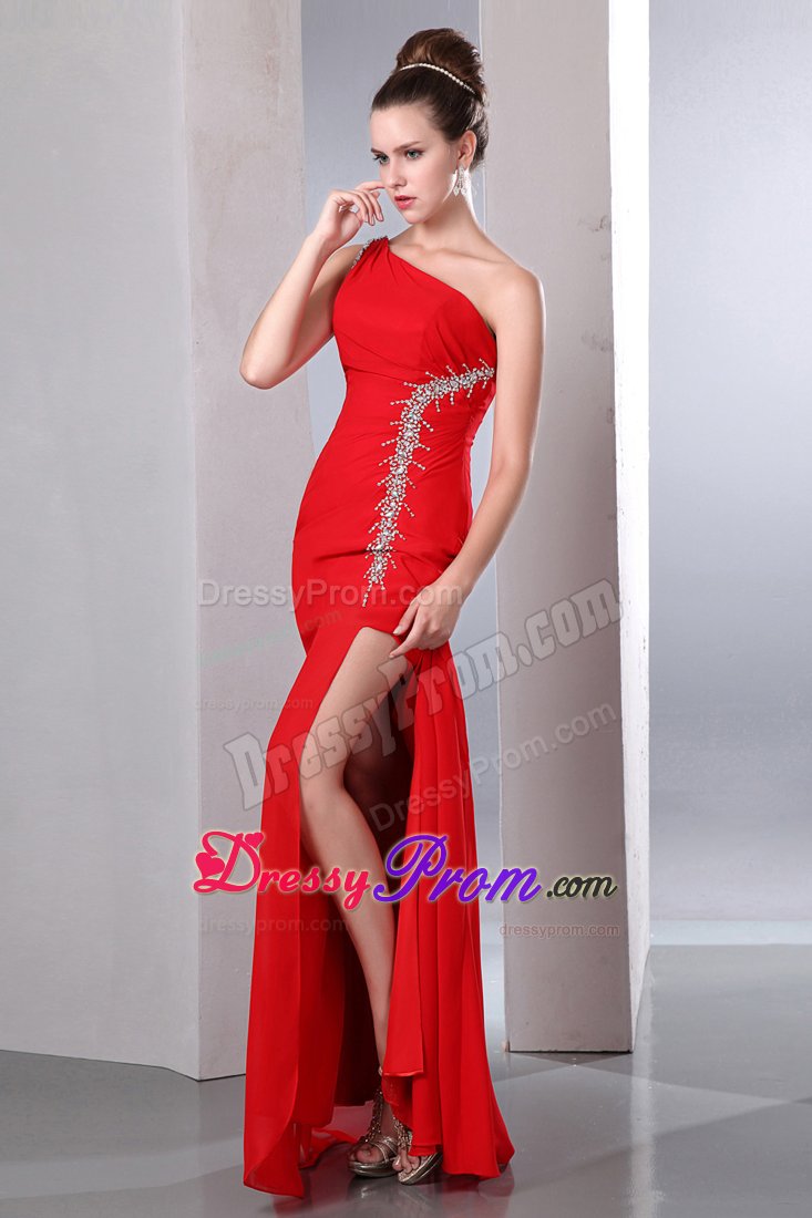 Beading Ruching One Shoulder High Slit Red Prom Pageant Dresses