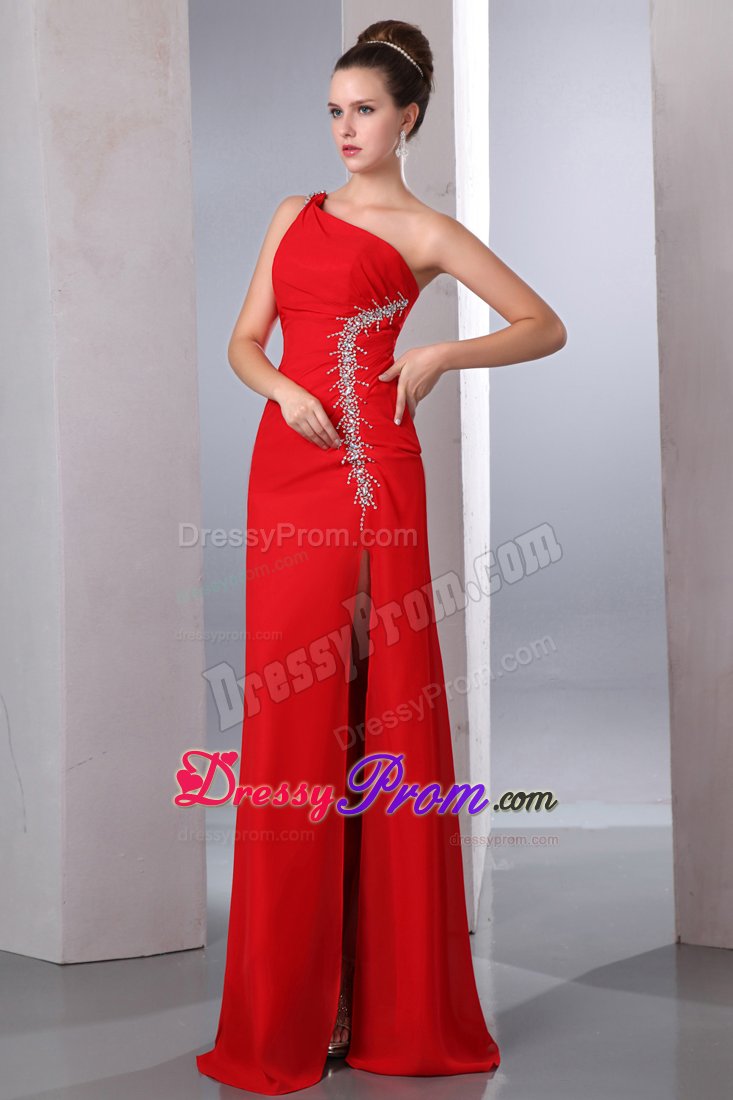 Beading Ruching One Shoulder High Slit Red Prom Pageant Dresses