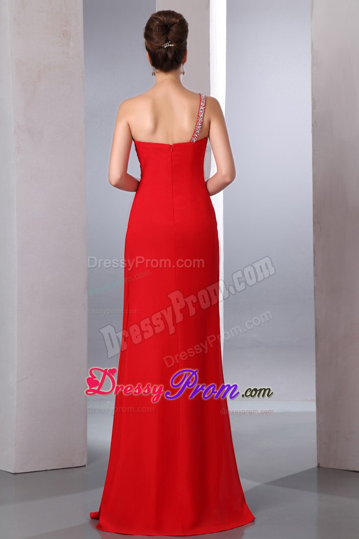 Beading Ruching One Shoulder High Slit Red Prom Pageant Dresses