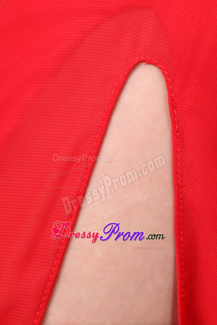 Beading Ruching One Shoulder High Slit Red Prom Pageant Dresses