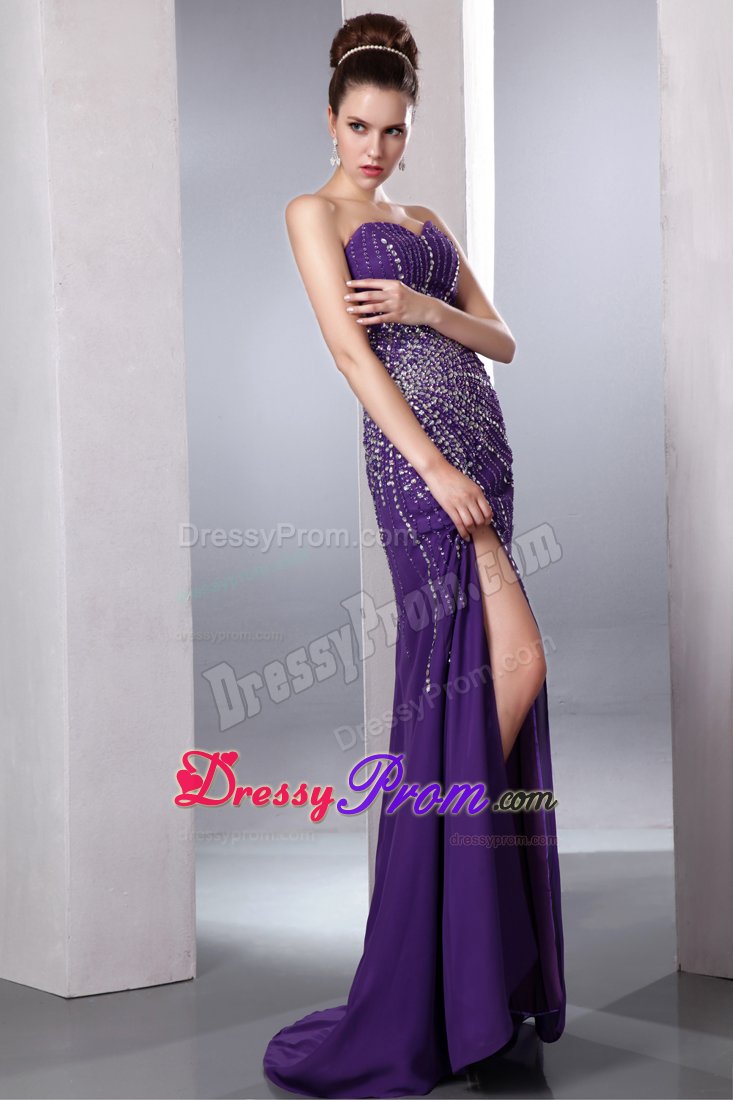 Purple Column Brush Prom Pageant Dress with High Slit and Beading