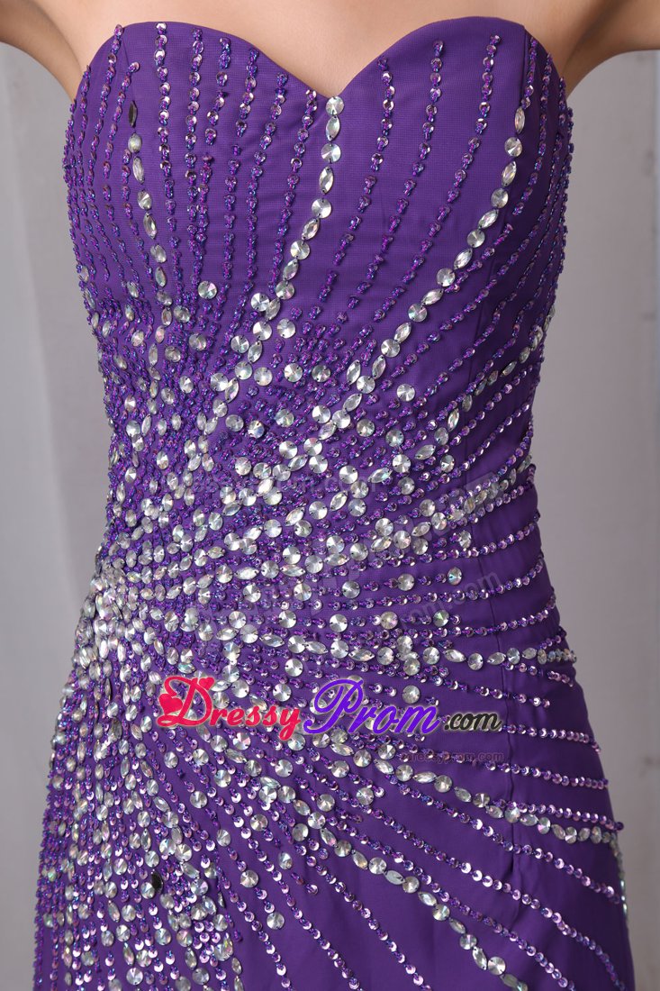 Purple Column Brush Prom Pageant Dress with High Slit and Beading