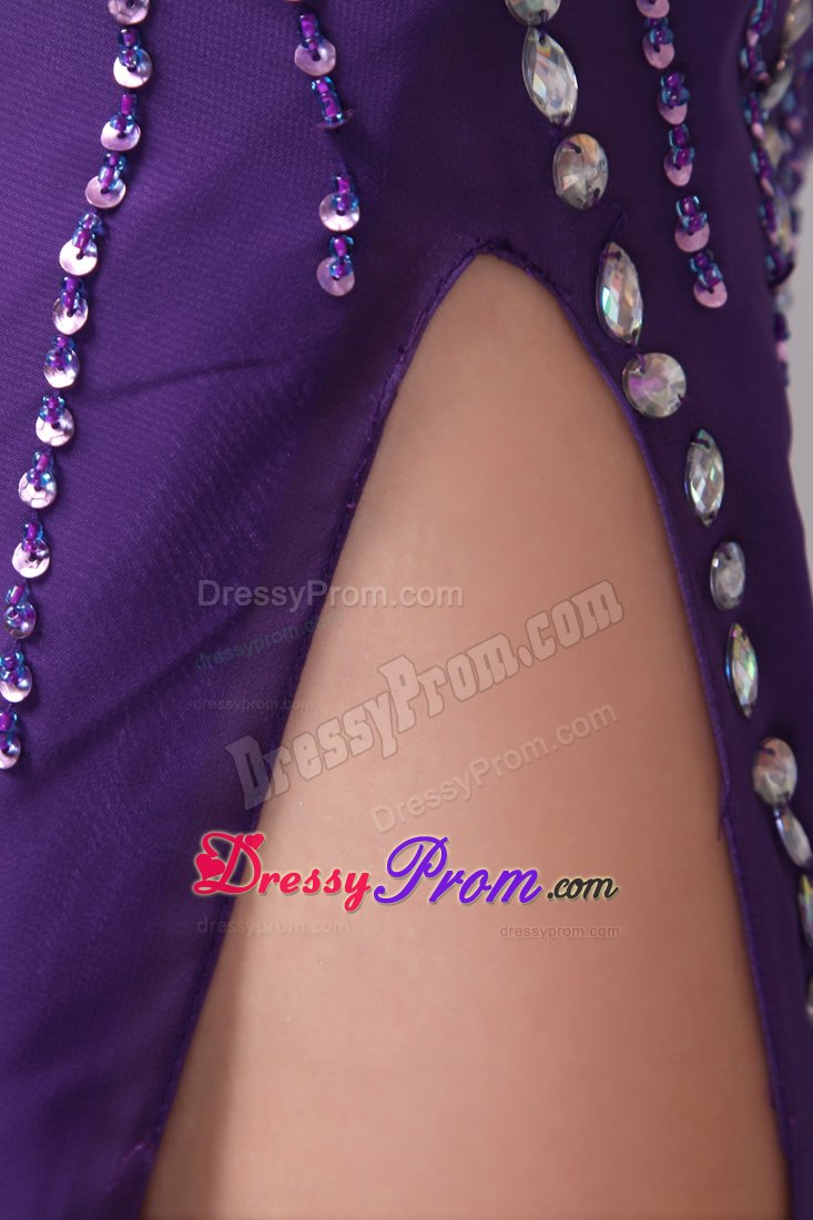 Purple Column Brush Prom Pageant Dress with High Slit and Beading
