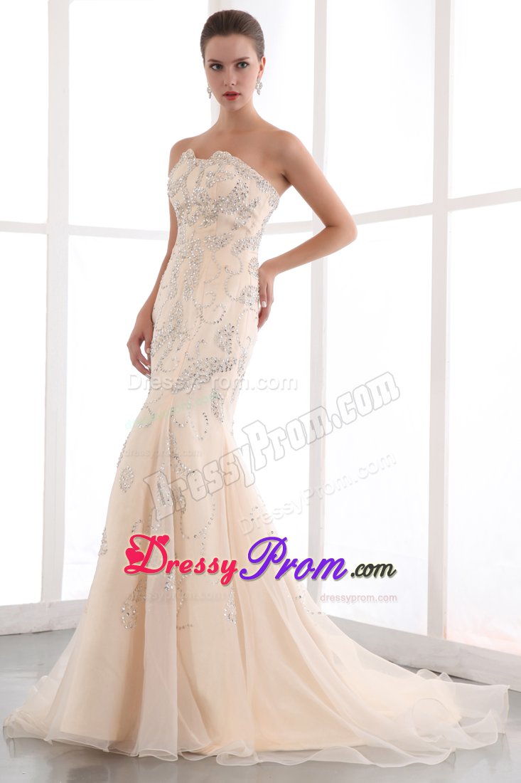Champagne Mermaid Brush Train Beaded Prom Pageant Dress for Cheap