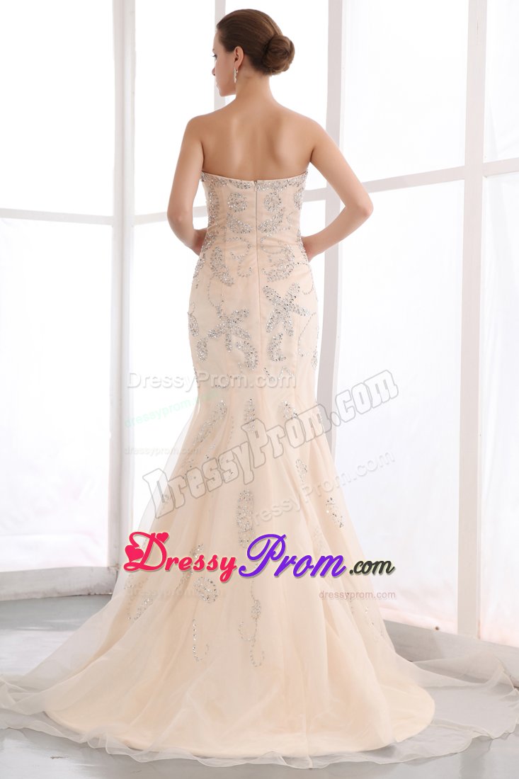 Champagne Mermaid Brush Train Beaded Prom Pageant Dress for Cheap