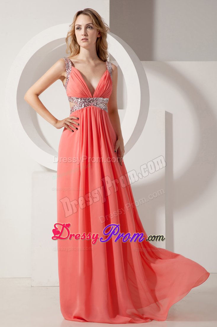 Watermelon Chiffon V-neck Prom Celebrity Dress with Beading 2014