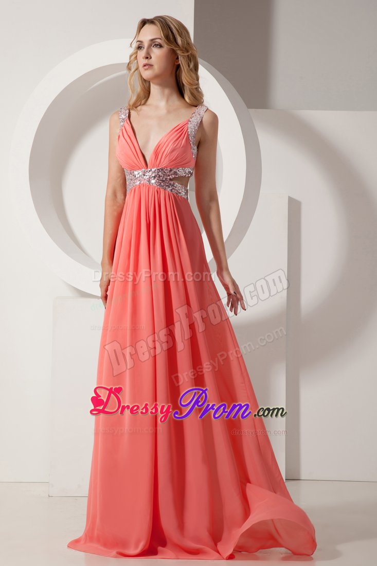 Watermelon Chiffon V-neck Prom Celebrity Dress with Beading 2014