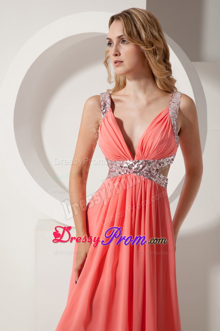 Watermelon Chiffon V-neck Prom Celebrity Dress with Beading 2014