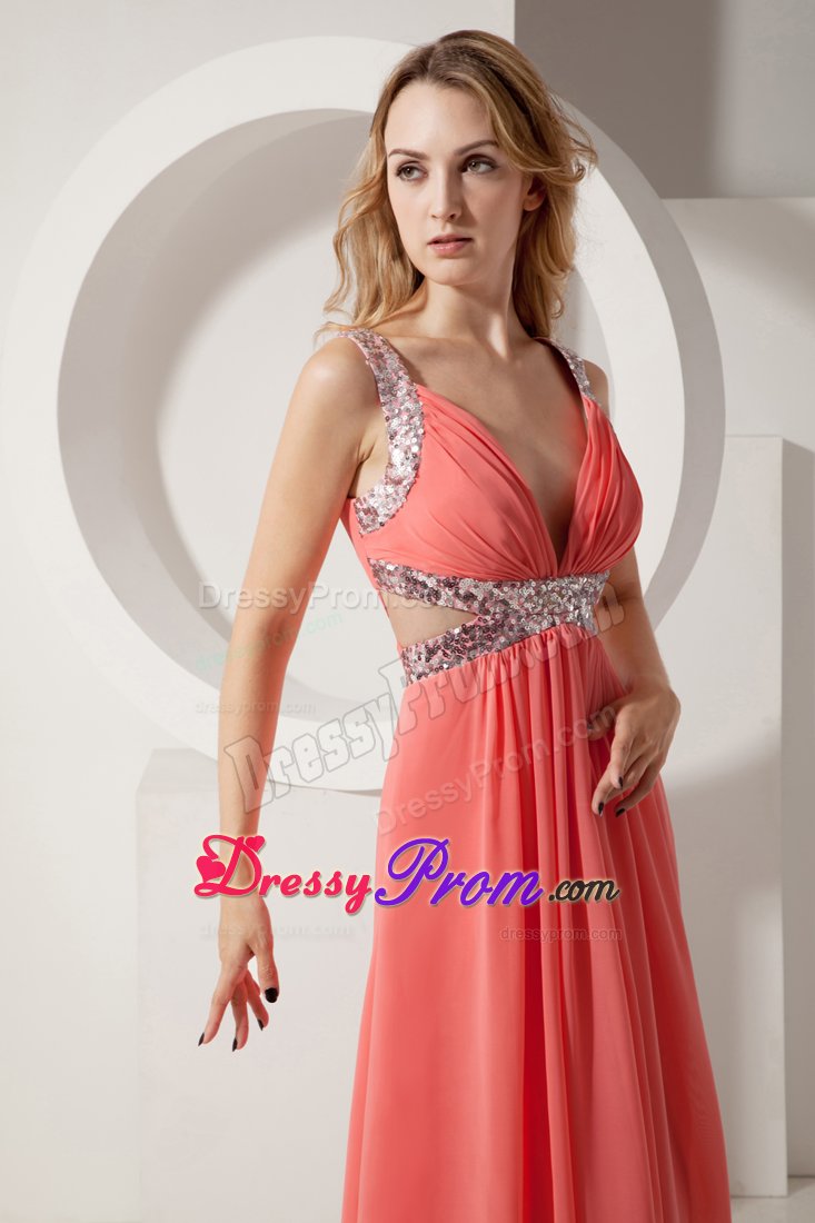 Watermelon Chiffon V-neck Prom Celebrity Dress with Beading 2014