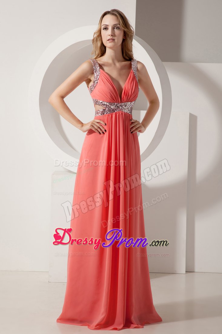 Watermelon Chiffon V-neck Prom Celebrity Dress with Beading 2014