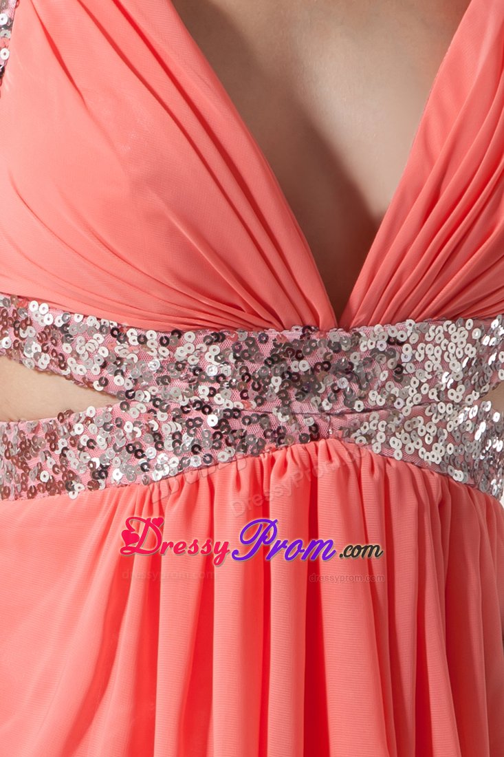 Watermelon Chiffon V-neck Prom Celebrity Dress with Beading 2014
