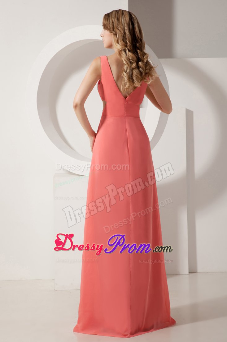 Watermelon Chiffon V-neck Prom Celebrity Dress with Beading 2014