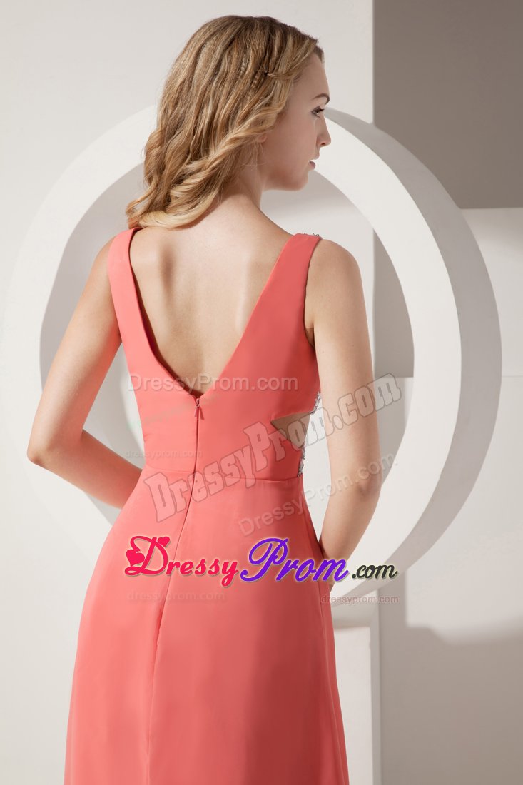 Watermelon Chiffon V-neck Prom Celebrity Dress with Beading 2014