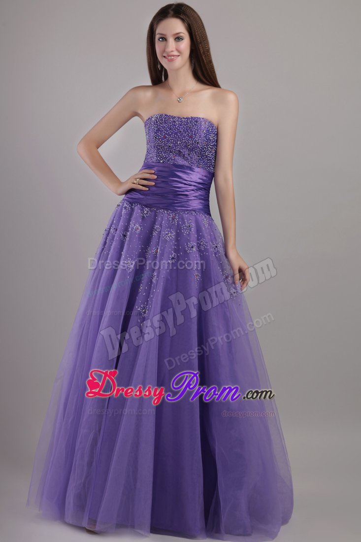 2013 Beading Strapless Prom Gown Dress in Tulle with Ruches Lace up Back