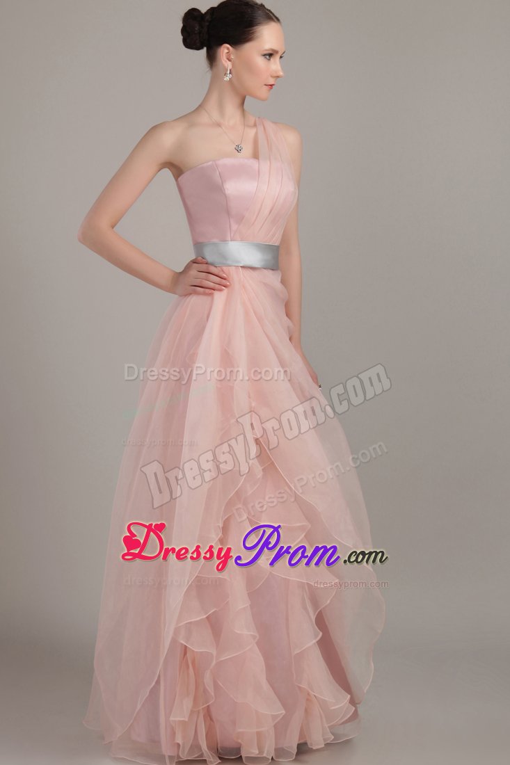 Organza One Shoulder Lace-up Prom Holiday Dress with Sash Floor-length