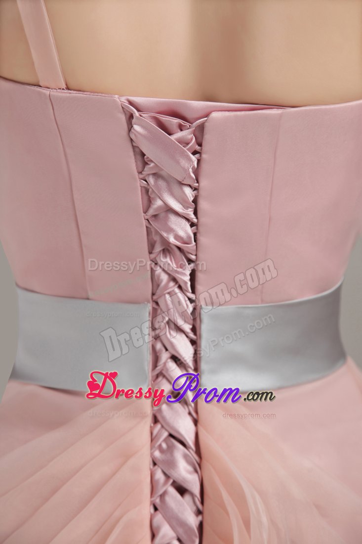 Organza One Shoulder Lace-up Prom Holiday Dress with Sash Floor-length