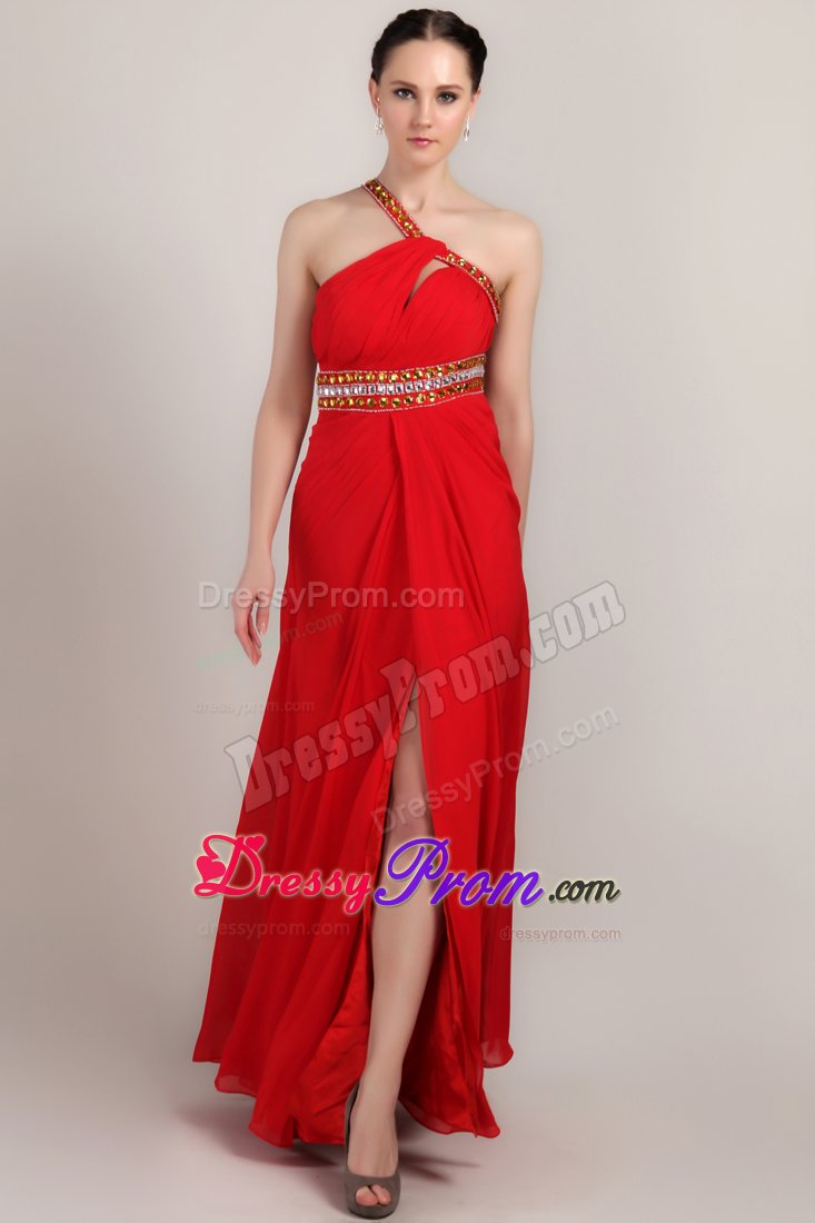 Fitted Beaded One Shoulder Prom Homecoming Dress High Slit Floor-length