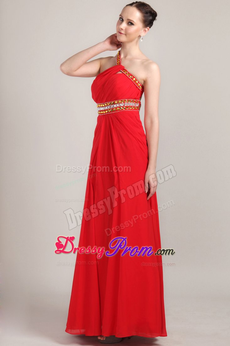 Fitted Beaded One Shoulder Prom Homecoming Dress High Slit Floor-length