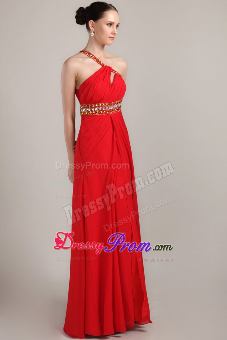 Fitted Beaded One Shoulder Prom Homecoming Dress High Slit Floor-length