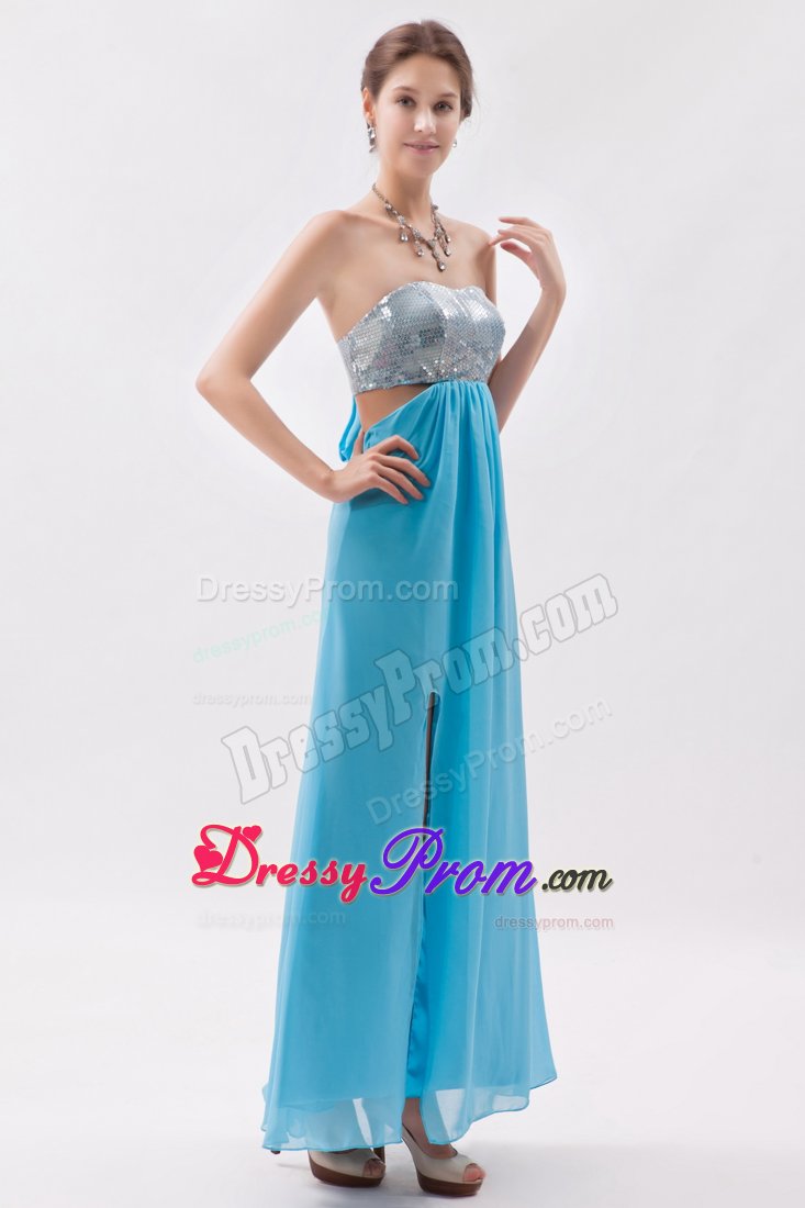 Aqua Blue Chiffon Sequins Prom Celebrity Dress of Ankle Length