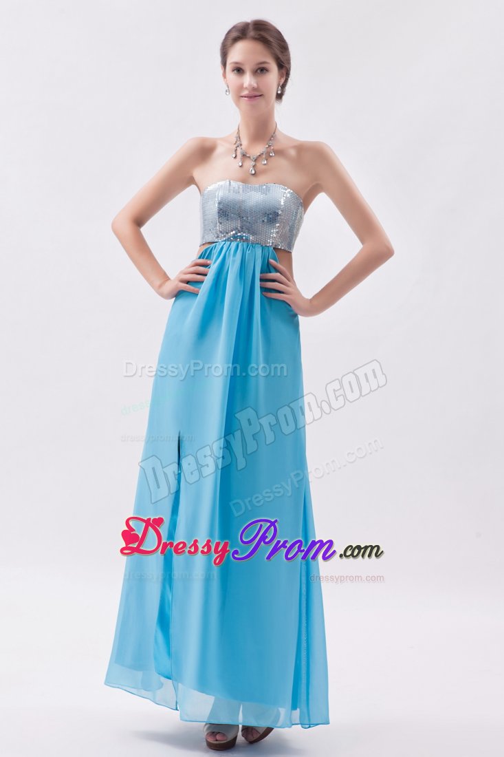 Aqua Blue Chiffon Sequins Prom Celebrity Dress of Ankle Length