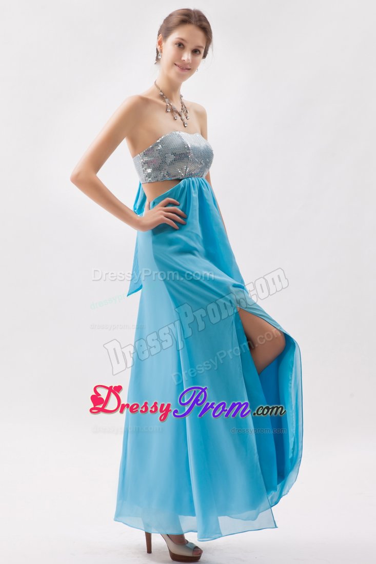 Aqua Blue Chiffon Sequins Prom Celebrity Dress of Ankle Length
