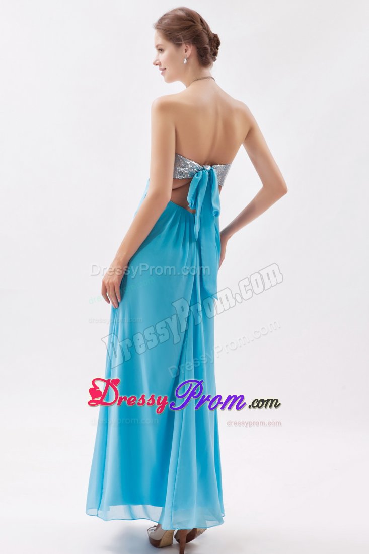 Aqua Blue Chiffon Sequins Prom Celebrity Dress of Ankle Length