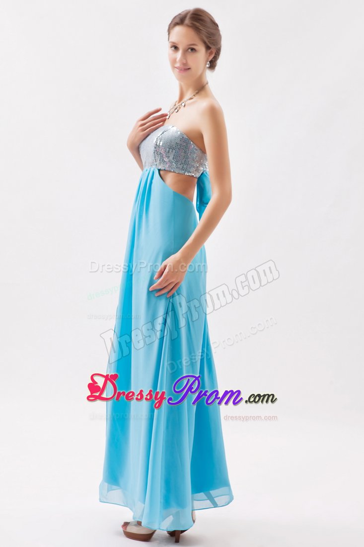 Aqua Blue Chiffon Sequins Prom Celebrity Dress of Ankle Length