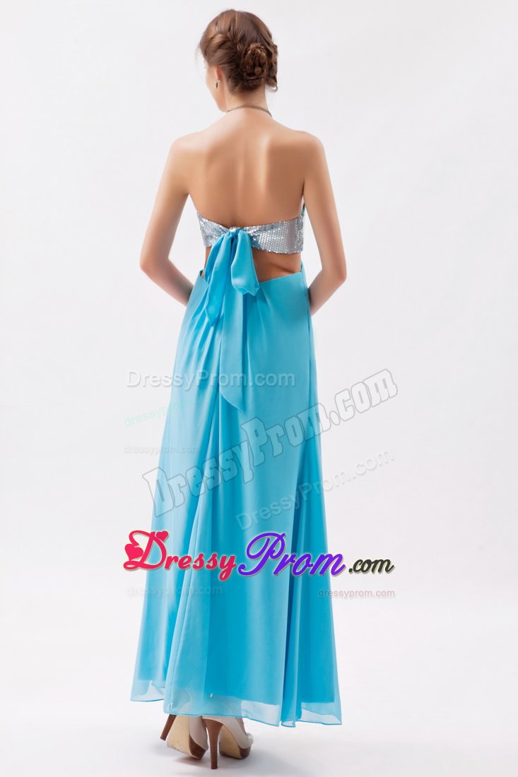 Aqua Blue Chiffon Sequins Prom Celebrity Dress of Ankle Length