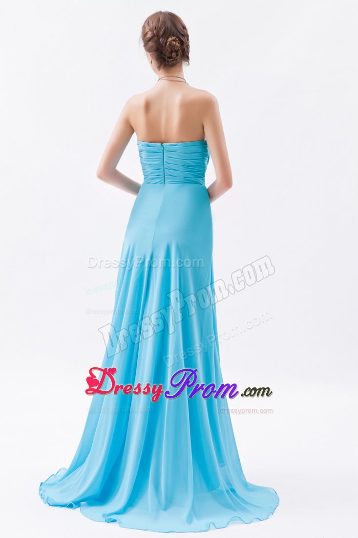 Beaded and Ruched Long Chiffon Prom Celebrity Dress in Aqua Blue