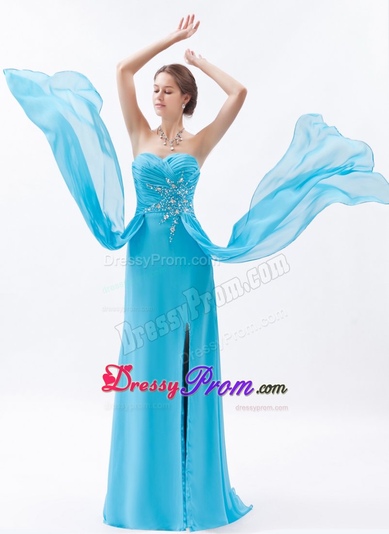 Beaded and Ruched Long Chiffon Prom Celebrity Dress in Aqua Blue