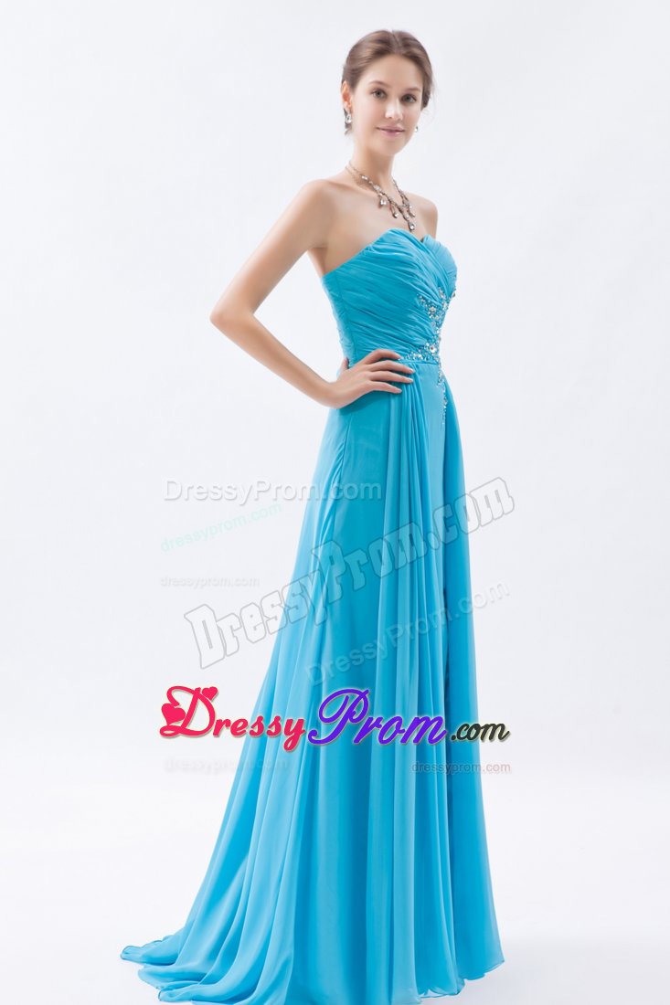 Beaded and Ruched Long Chiffon Prom Celebrity Dress in Aqua Blue