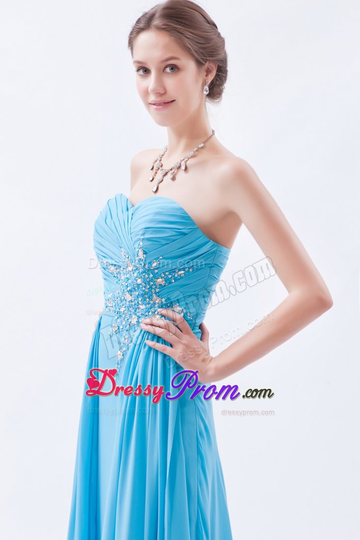 Beaded and Ruched Long Chiffon Prom Celebrity Dress in Aqua Blue