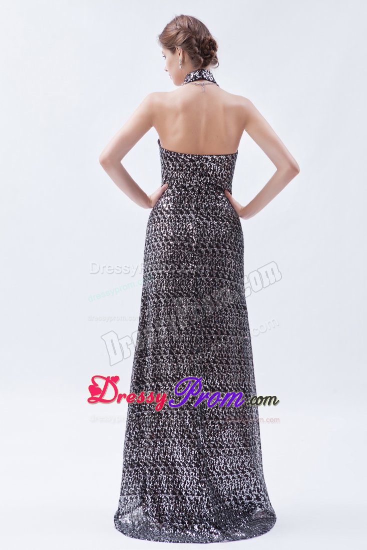 Sequined Black Halter Prom Celebrity Dress with Cutout and High Slit