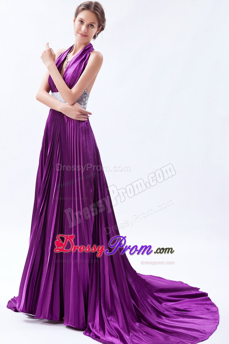 Eggplant Purple Halter Court Train Prom Celebrity Dress with Beading
