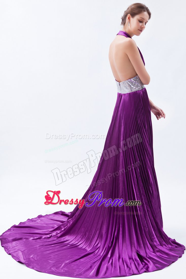Eggplant Purple Halter Court Train Prom Celebrity Dress with Beading