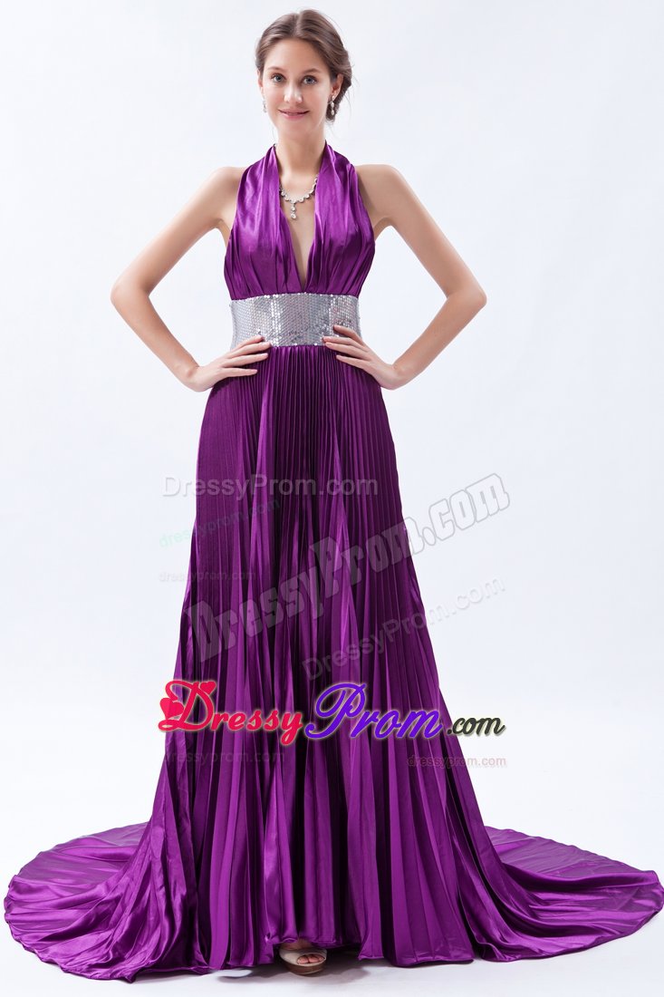 Eggplant Purple Halter Court Train Prom Celebrity Dress with Beading